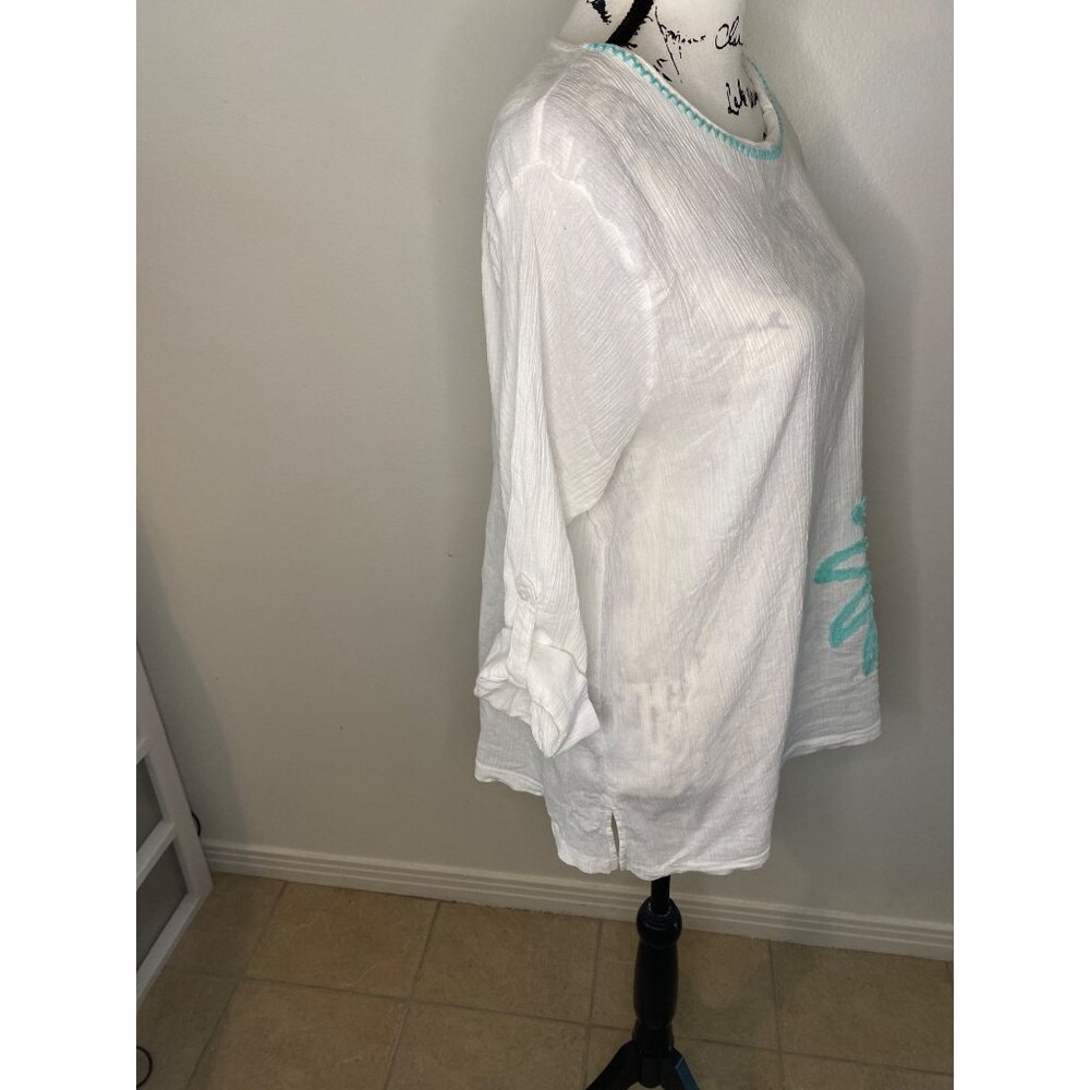 Sun Bay Cotton Top White Crinkle 3/4 Sleeve Tunic Chenille Palm Size P XL - Picture 6 of 12